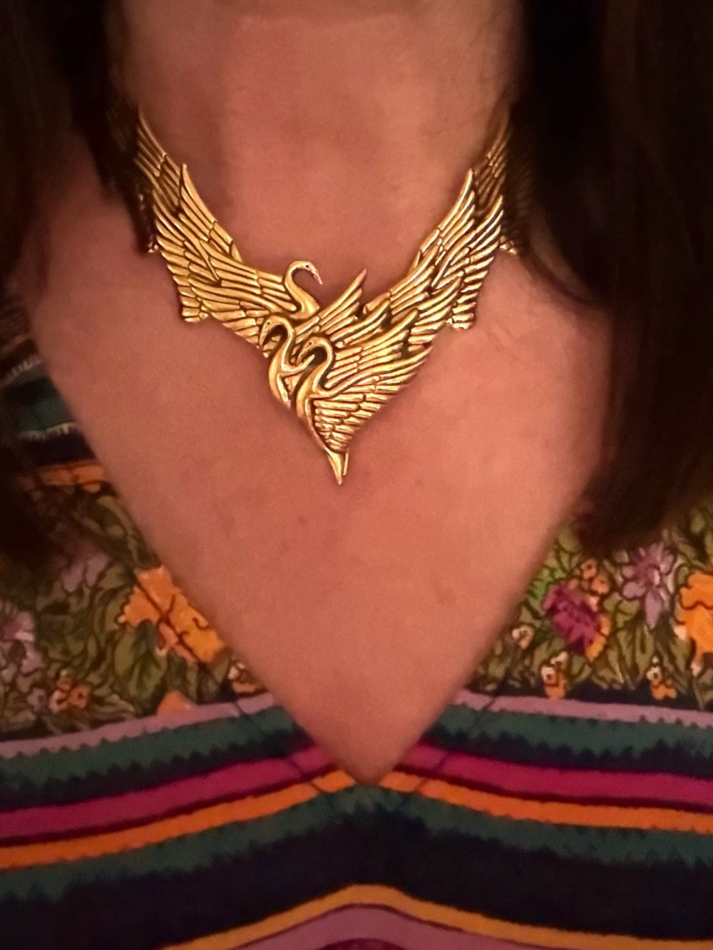 Vintage 80s Laurel Burch Swan Wing Gold Tone Choker Collar Necklace 16” - Picture 16 of 16